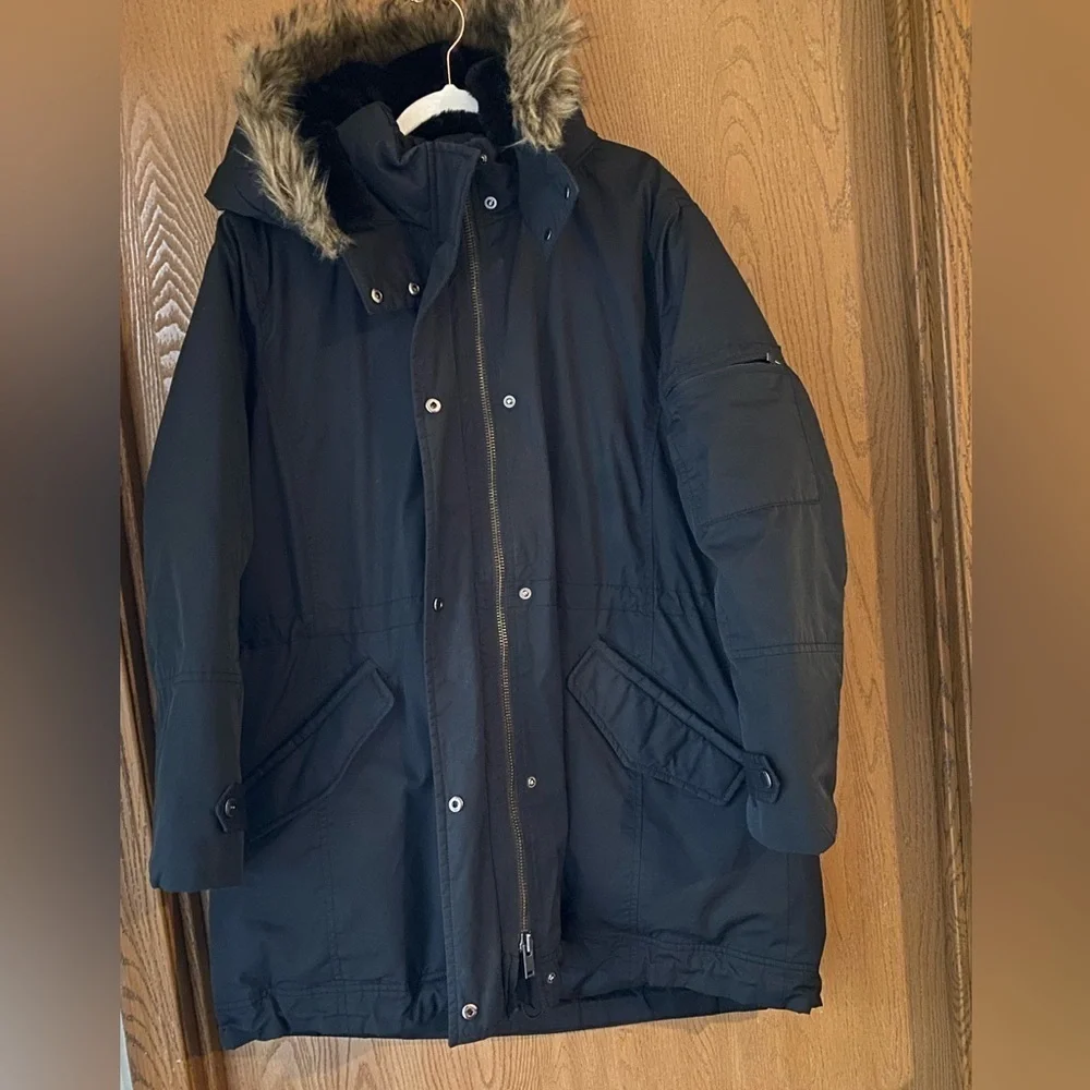 Banana Republic XXL Black Hooded Parka with Faux Fur Trim Coat